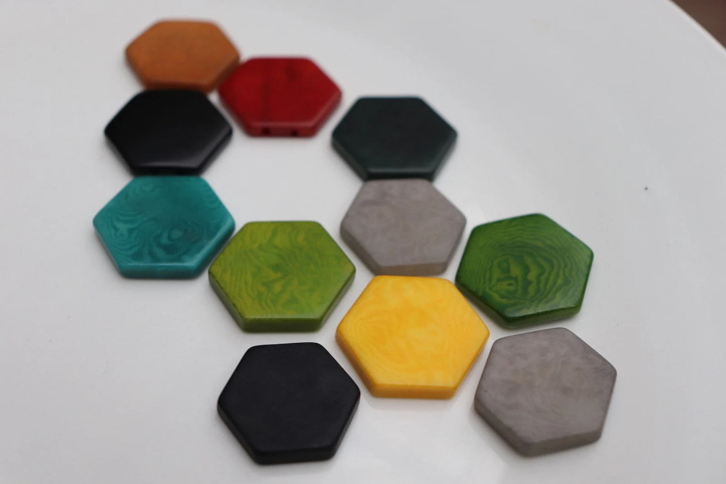 Tagua Hexagonal Beads. 11 Multicolored Pieces