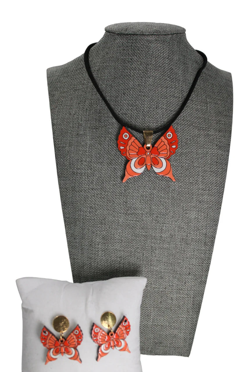 Laser Cut Red Butterfly Necklace and Earrings Set.