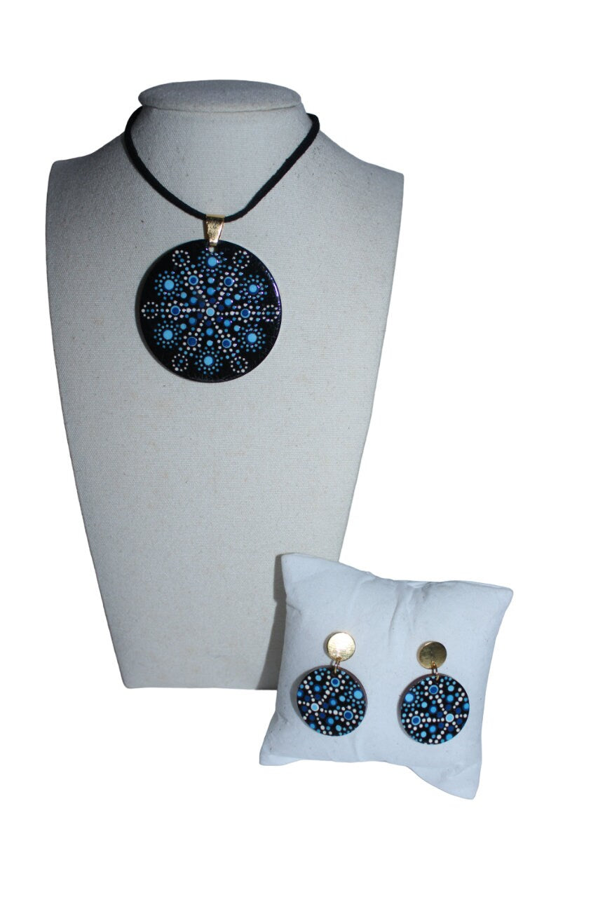 Wood Round Necklace Mandala Art Wooden Necklace & Earring Set Boho Black and Blue Eco Sustainable Jewelry Gift For Her from Colombia Women
