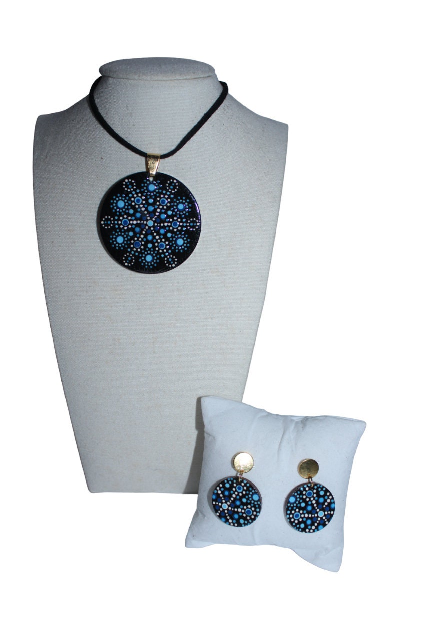 Wood Round Necklace Mandala Art Wooden Necklace & Earring Set Boho Black and Blue Eco Sustainable Jewelry Gift For Her from Colombia Women