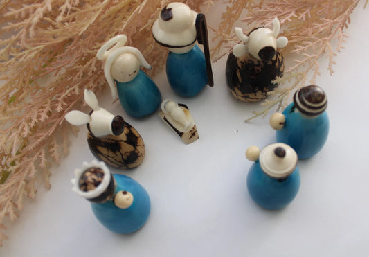 Tagua Nativity Set in Blue and Beige.