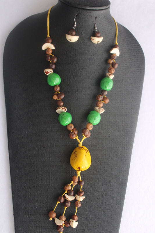 Tagua Necklace and Earrings Set. Yellow, Brown and Green.