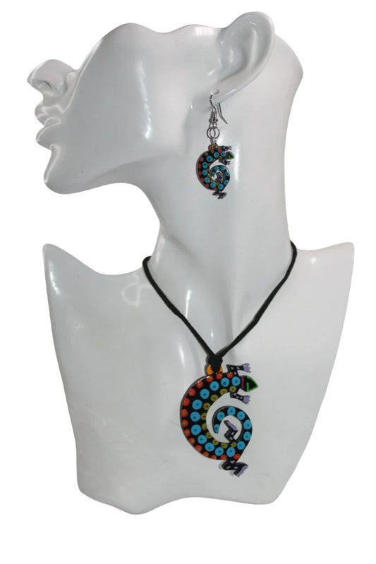 Tagua Lizard Necklace and Earrings Set.