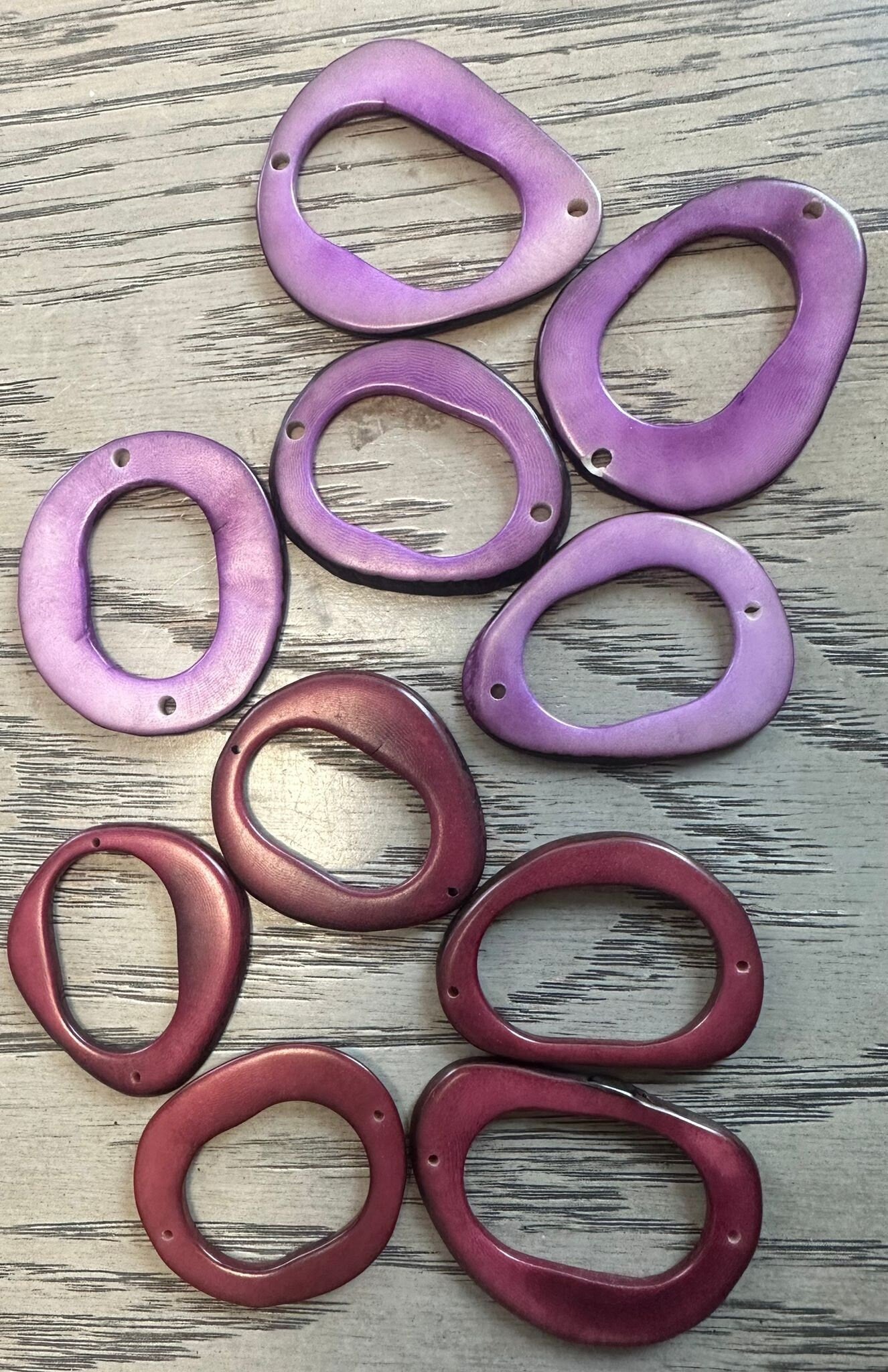 Tagua Hoop Beads. 20 Plum and Lilac Pieces