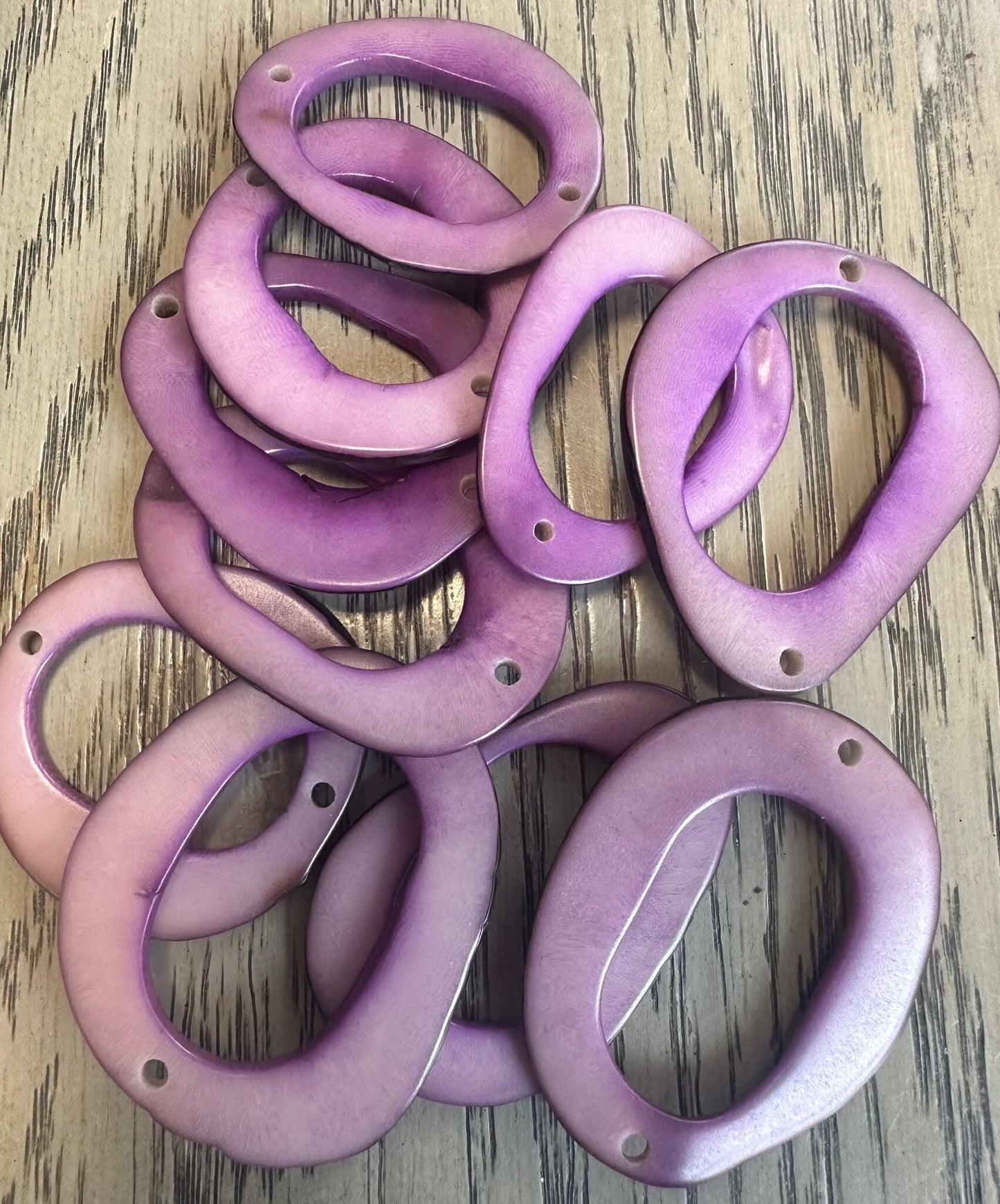 Tagua Hoop Beads. 20 Plum and Lilac Pieces