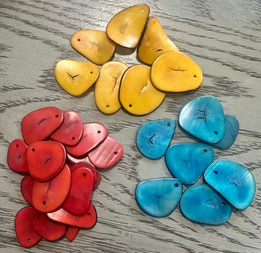Tagua Chip Slices Beads. 30 Yellow, Red and Blue Pieces
