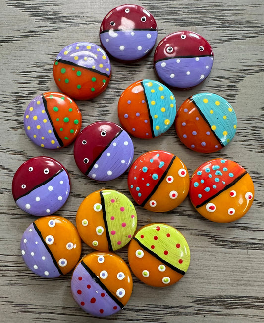 Tagua Dotted Beads. 14 Hand Painted Multicolored Pieces