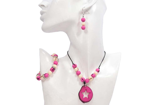 Tagua Pendant Necklace, Earrings and Bracelet Set in Pink Color