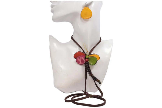 Tagua Pendant Necklace and Earrings Dragonfly Shaped Multicolored Set.