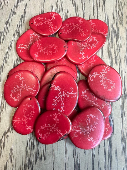 Tagua Slices Beads. 20 Red Engraved Pieces
