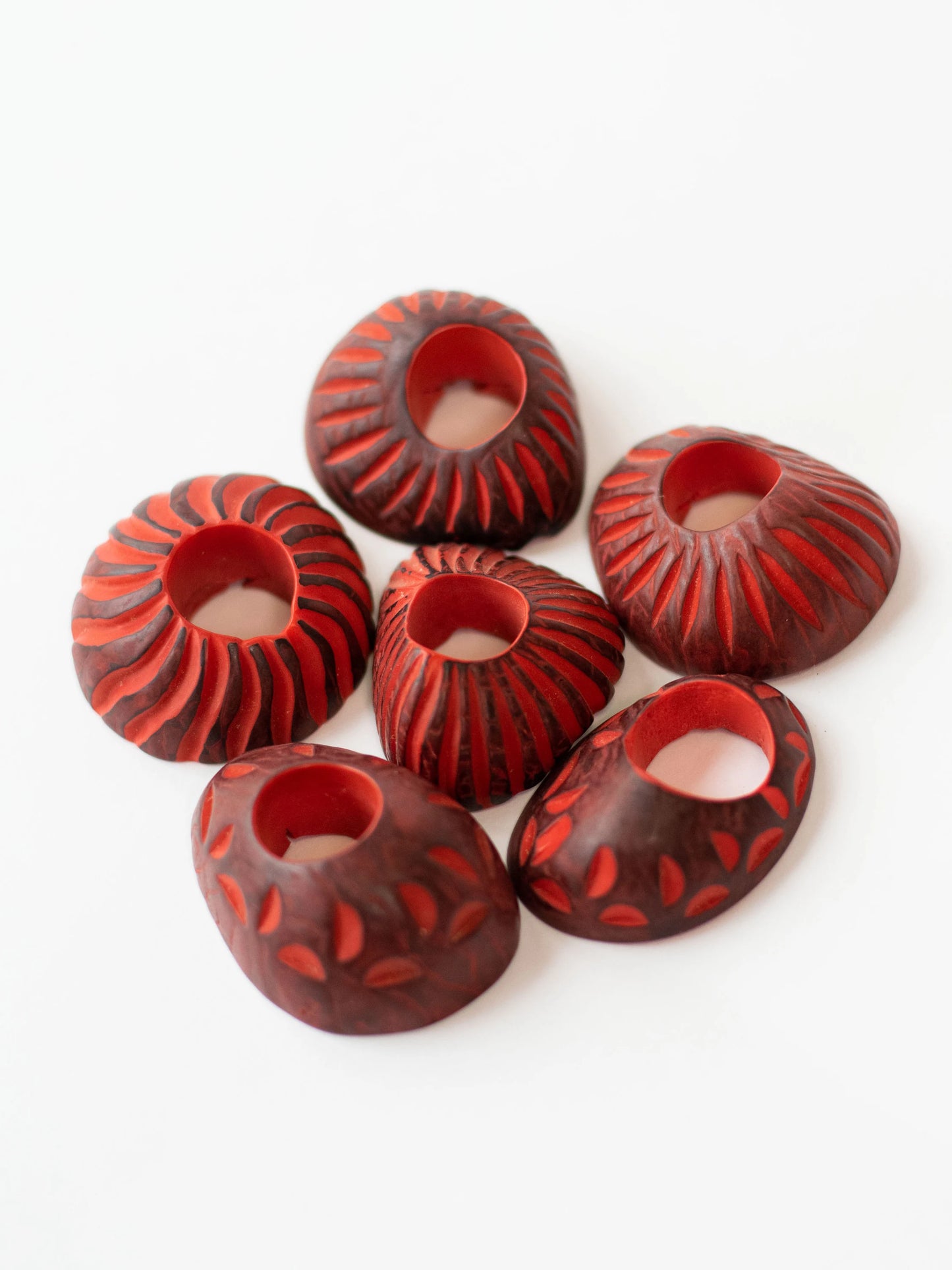 Tagua Spiral Hoop Beads. 5 Red Pieces.