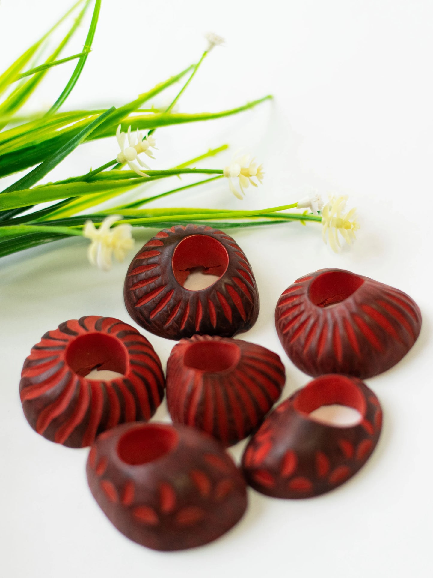 Tagua Spiral Hoop Beads. 5 Red Pieces.