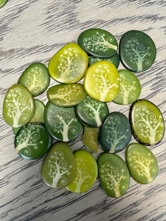 Tagua Slices Beads. 20 Mix of Green Colors Engraved Pieces