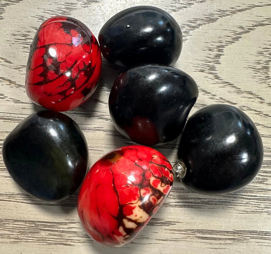 Tagua Whole Nut. 6 Black and Red Pieces.