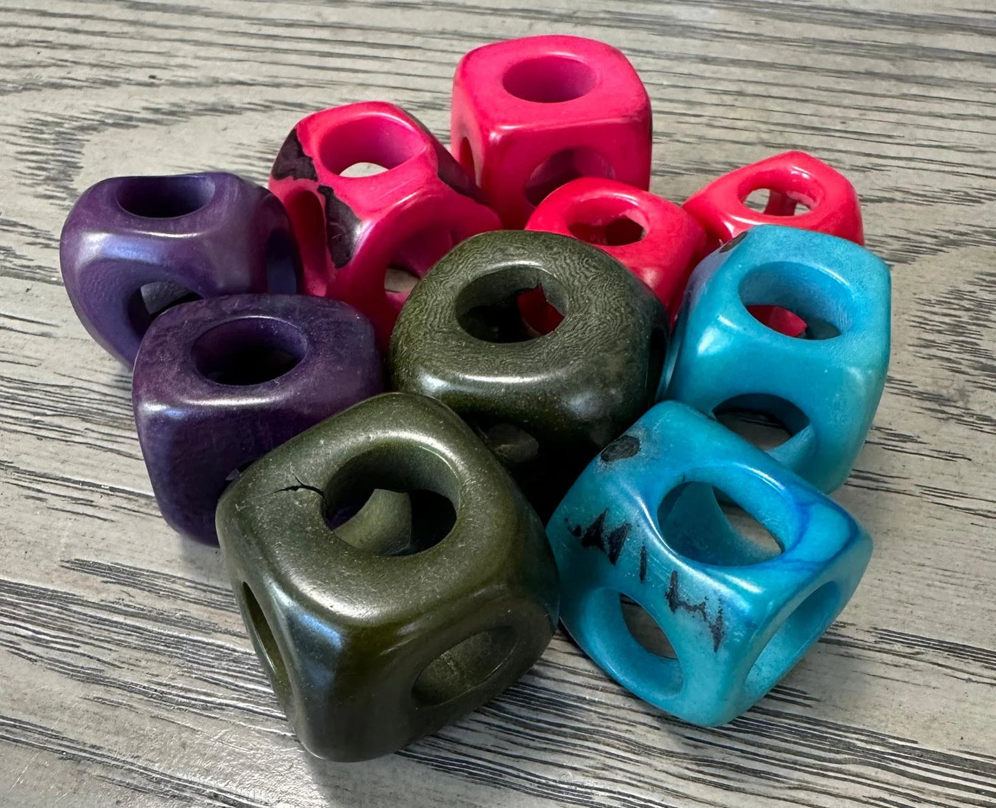 Tagua Large Cube Beads. 10 Multicolored Pieces