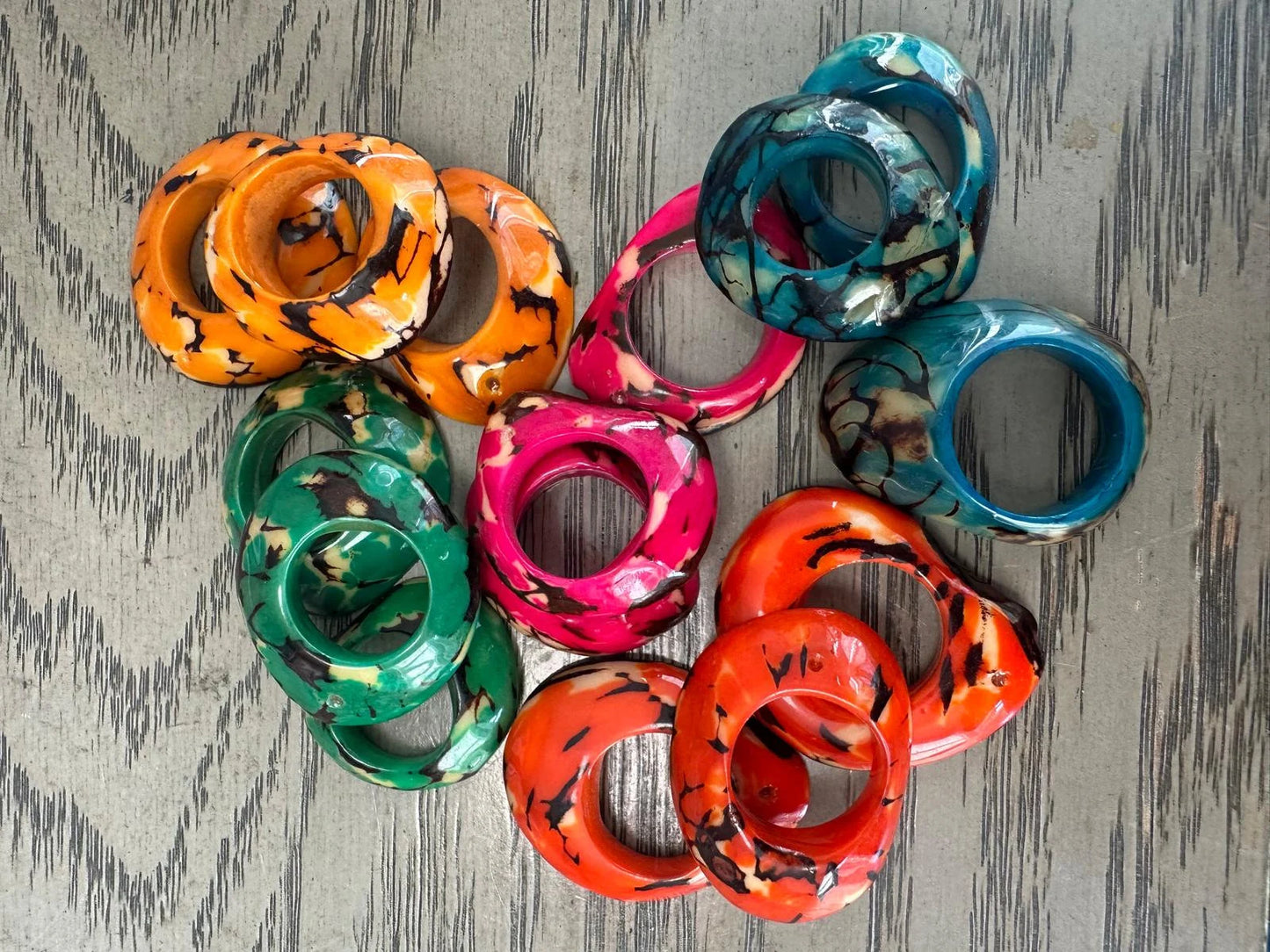 Tagua Thick Hoop Beads. 15 Multicolored Pieces.