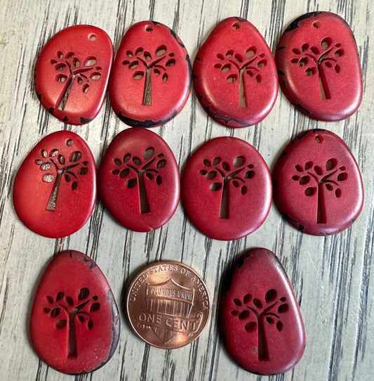 Tagua Slices Beads. 18 Red Engraved Pieces.
