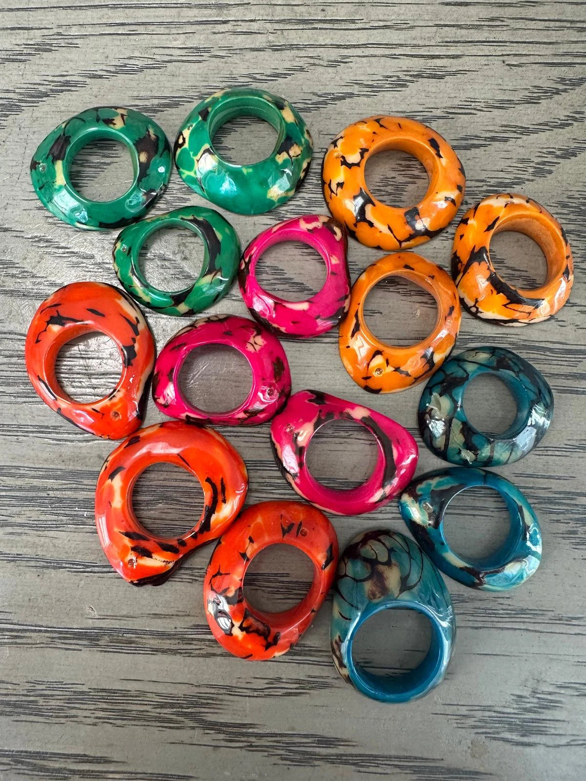 Tagua Thick Hoop Beads. 15 Multicolored Pieces.
