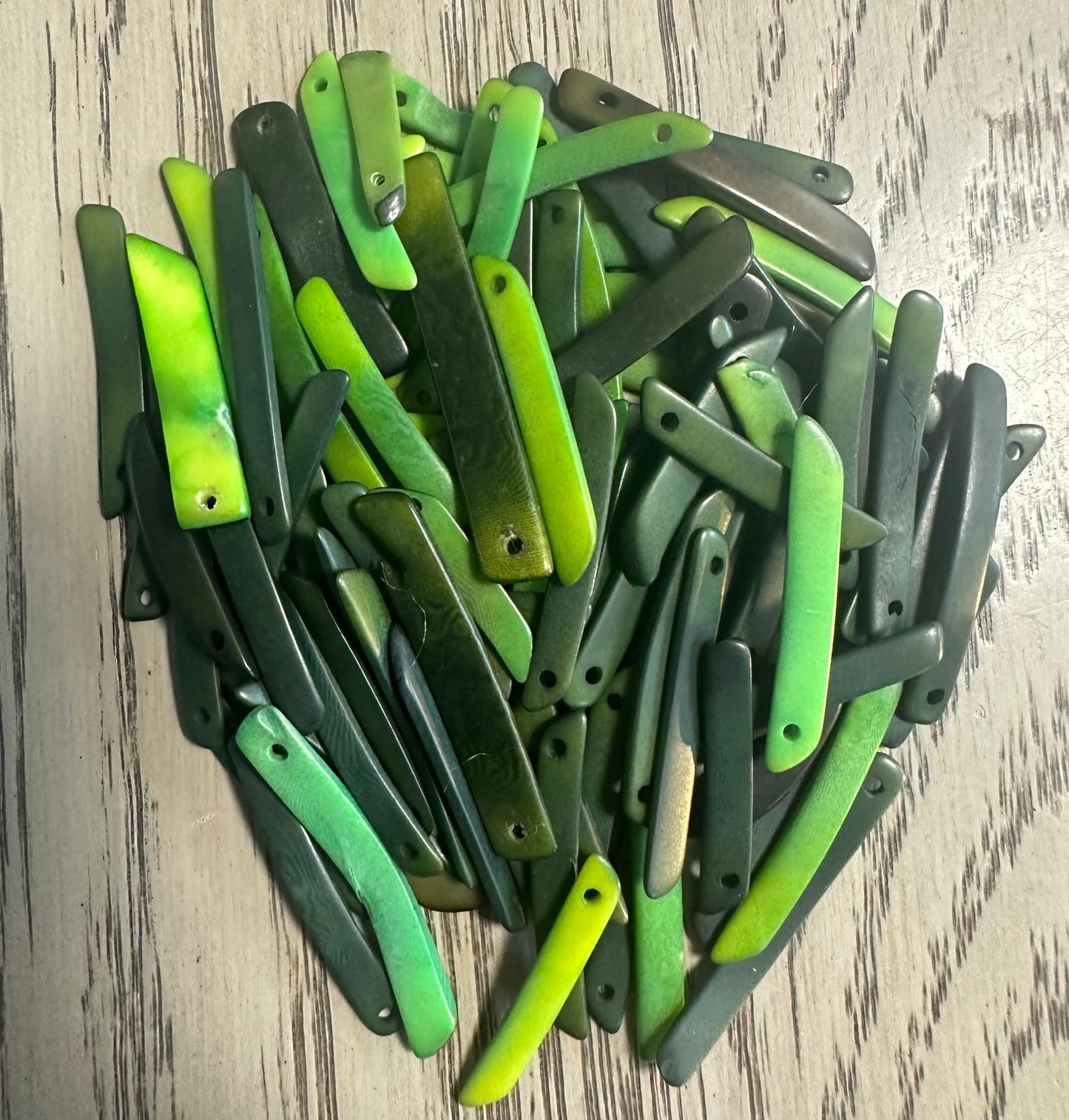 Tagua Stick Beads. 50 Green Shades Pieces.