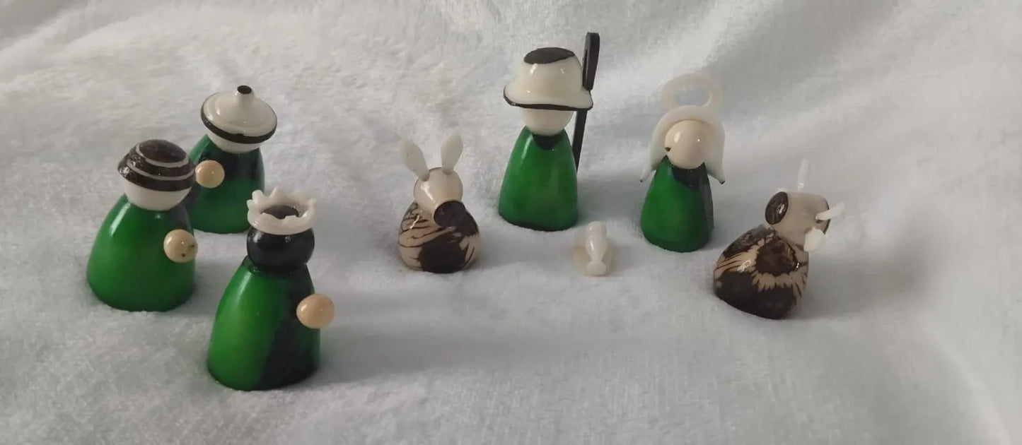Tagua Nativity Set in Green and Beige.