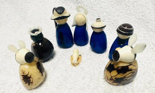 Tagua Nativity Set in Dark Blue and Brown.