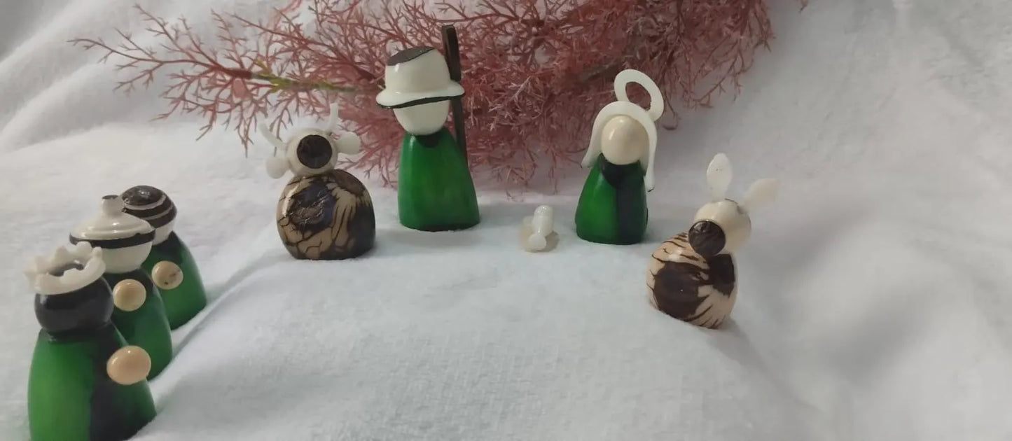 Tagua Nativity Set in Green and Beige.