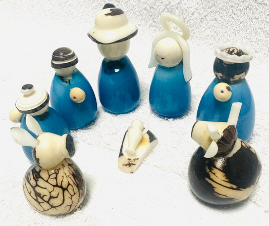 Tagua Nativity Set in Light Blue and Brown.