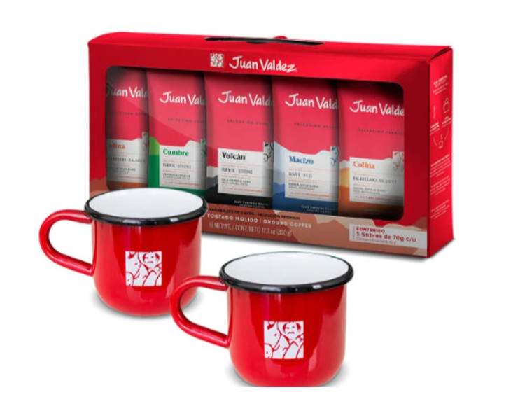 Coffee Lover Gift Box from Juan Valdez. Coffee 5 Sachets + 2 mugs of peltre