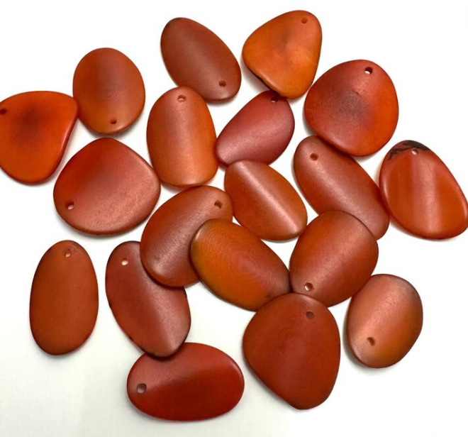 Tagua beads. Mini slices curved in nail shape. Orange slices, beads, chips in orange. Top Drilled. 30 pieces. Eco Jewelry Making Supplies.