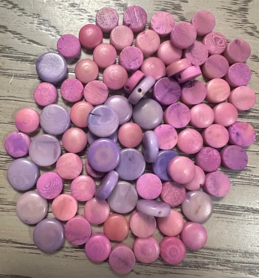 Flat Coin Shaped Tagua | 50 Mini Round Beads Mix of Pink and Lilac | Eco Ethical Jewelry Making Carving Woodwork | Side Drilled Beading Eco