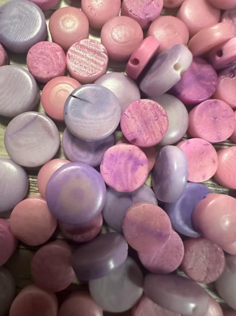 Flat Coin Shaped Tagua | 50 Mini Round Beads Mix of Pink and Lilac | Eco Ethical Jewelry Making Carving Woodwork | Side Drilled Beading Eco