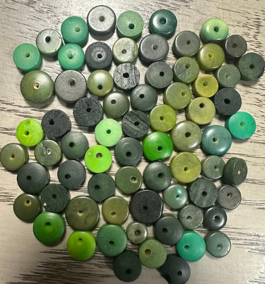 Flat Coin Shaped Tagua | 50 Mini Round Beads Mix of Green Colors | Eco Ethical Jewelry Making Carving Woodwork | Side Drilled Beading Eco