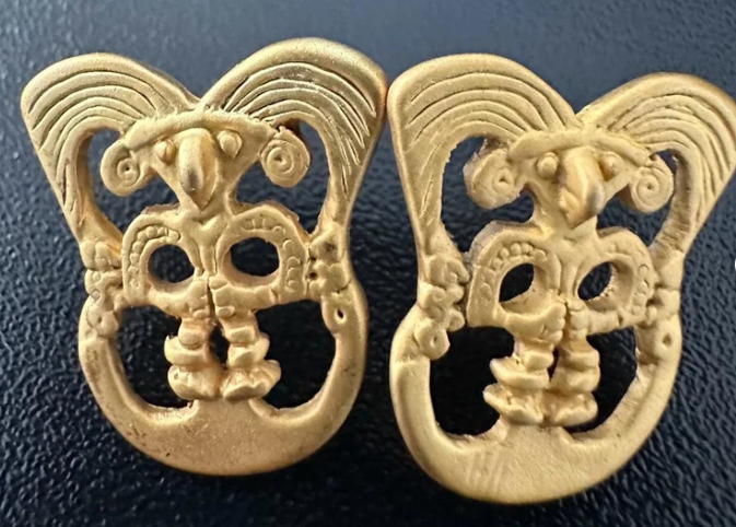 Pre-Columbian Bird on a Half Moon Stud Earrings Bird Shaman Pre- Columbian Jewelry from Colombian Indigenous Culture