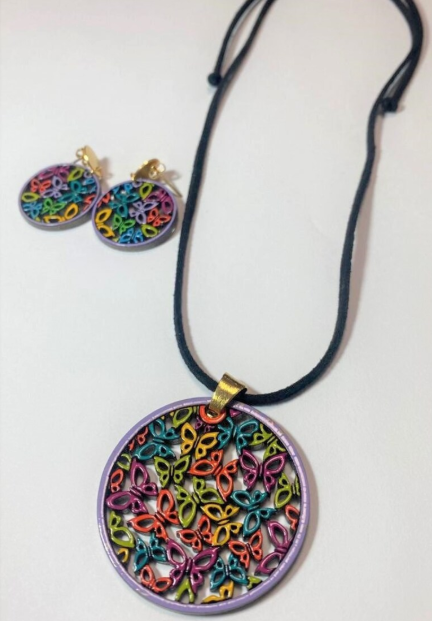 Mother's Day Butterflies. Adjustable necklace and earrings set of handmade painted wood in multiple colors. Organic, Spring Boho.