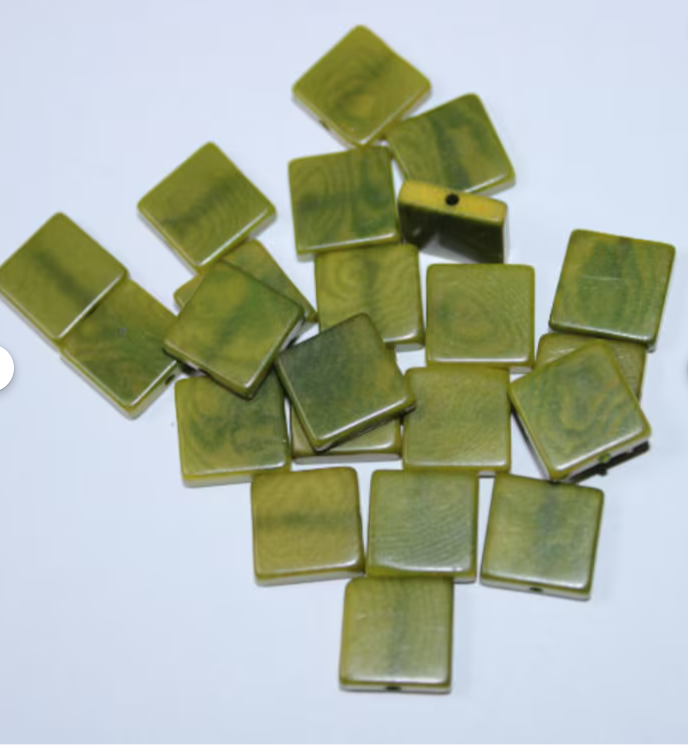 Tagua Bead Square Shape | 15 Tagua Mini Squares in Green | Size: 1 x 1 cm. | Vertical Top Drilled Eco Jewelry Making Natural Seed Beads