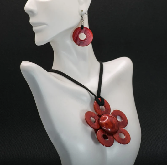 Mother's Day Burnt orange tagua flower pendant necklace & earrings set. Eco Friendly, gift for her, tagua jewelry, organic, necklace
