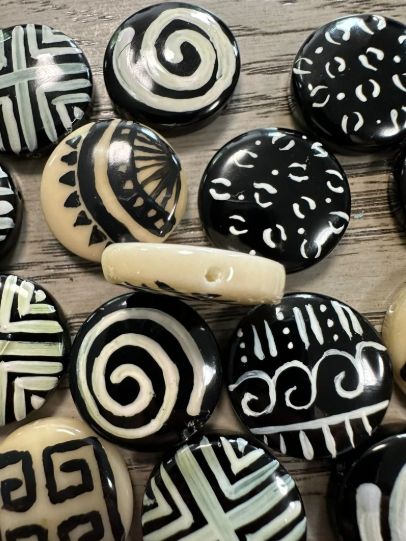 Seed Beads Tagua Bead Round Coin Shape with Flower Pattern Handpainted | 2 cm. approx. Sustainable Jewelry Making Supplies | 16 Tagua Eco