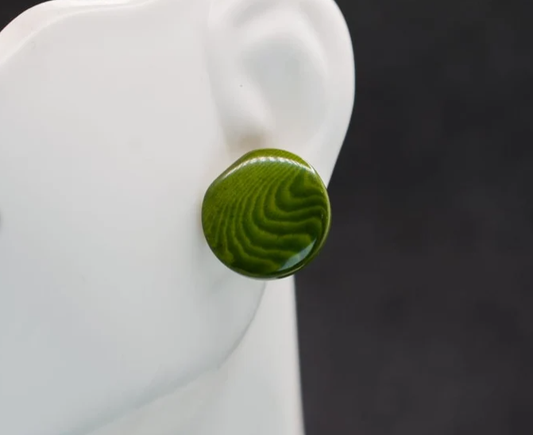 Round statement green stud earrings. Handmade with tagua, vegetable ivory nut. Eco-friendly, organic, natural, ethical & sustainable jewelry