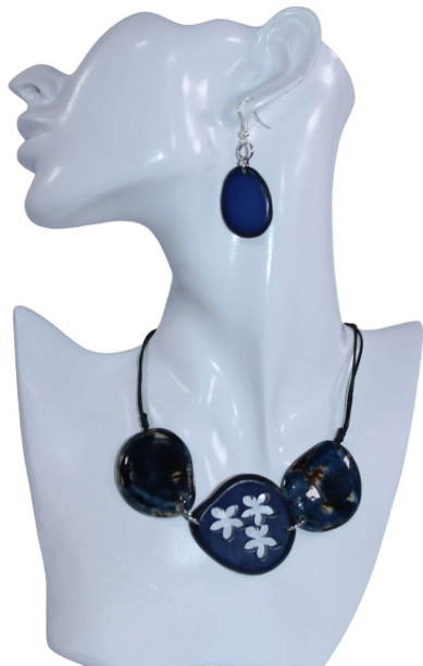 Mother's Day Tagua Necklace, Earrings Set. Color Blue Exotic Jewelry Handmade with Tagua from Colombia. Sustainable Jewelry, Natural.