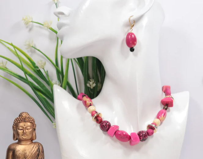 Sustainable Jewelry Set of Earrings and Necklace Handcrafted with Bombona Camajuro and Tagua Seeds Handmade in Colombia Eco Gift for Her