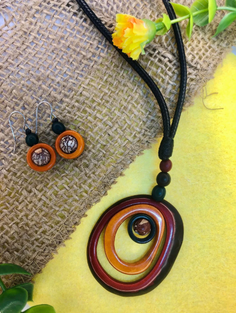 Sustainable Jewelry Multicolor Tagua and Bombona Necklace & Earrings Set Handmade in Colombia Ethical Eco Friendly Gift for Her Natural