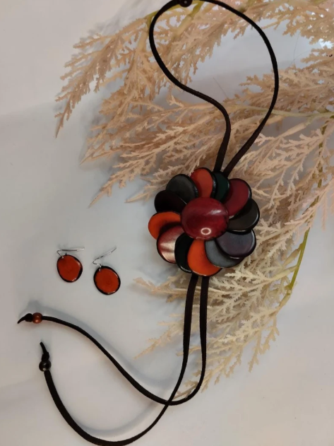 Mother's Day Multicolor Tagua flower pendant necklace & earrings set. Handmade, Eco Friendly, natural tagua jewelry, organic necklace.