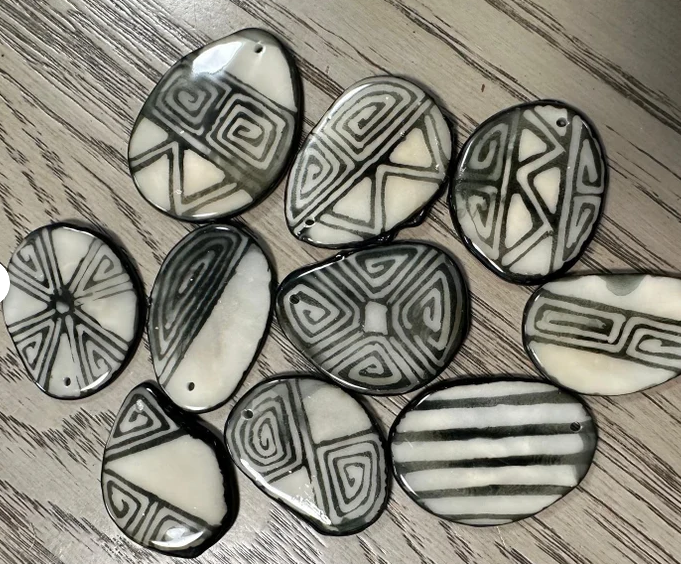 Tagua Slices Tagua Chips 15 Black & White Pattern Slices | Handpainted Seed Beads Eco Natural Jewelry Making Top Drilled Ethical Jewelry
