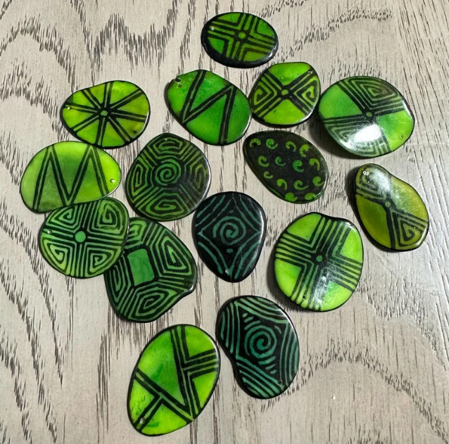 Tagua Slices, Tagua Chips. 20 Green and Black Pattern Tagua Slices. Mix of Green Patterns. Handpainted Natural Jewelry Supplies. Top Drilled