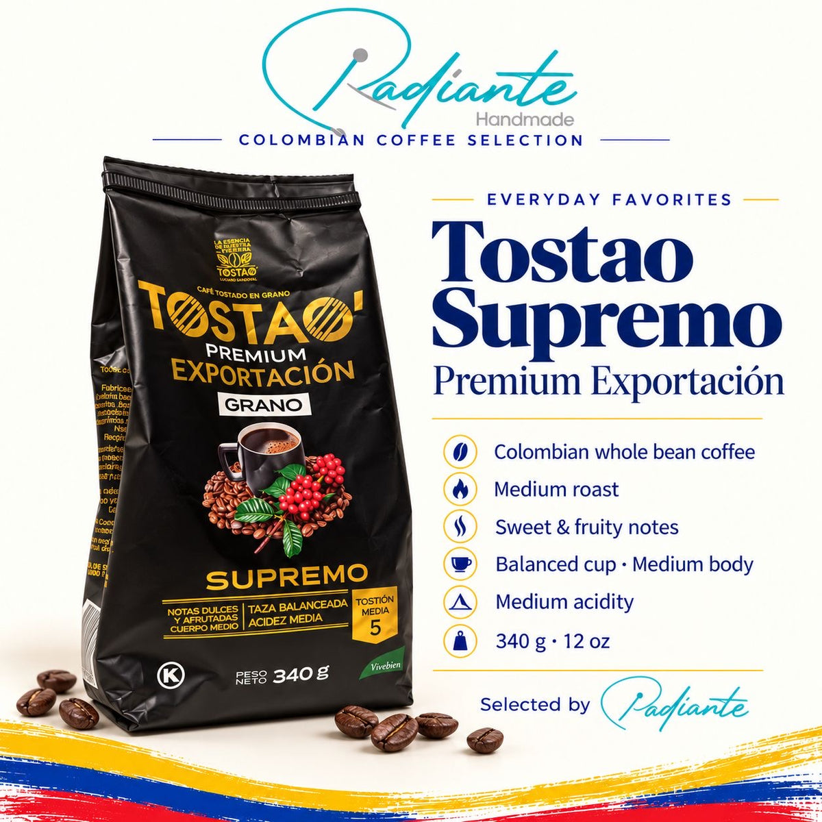 Tostao Supremo — 100% Colombian Arabica Whole Bean Coffee · 340 g