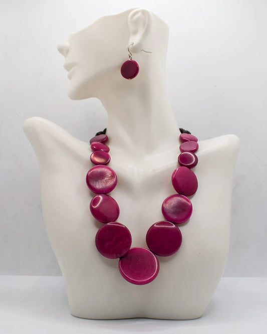 Tagua Necklace and Earrings Set in Pink Color.