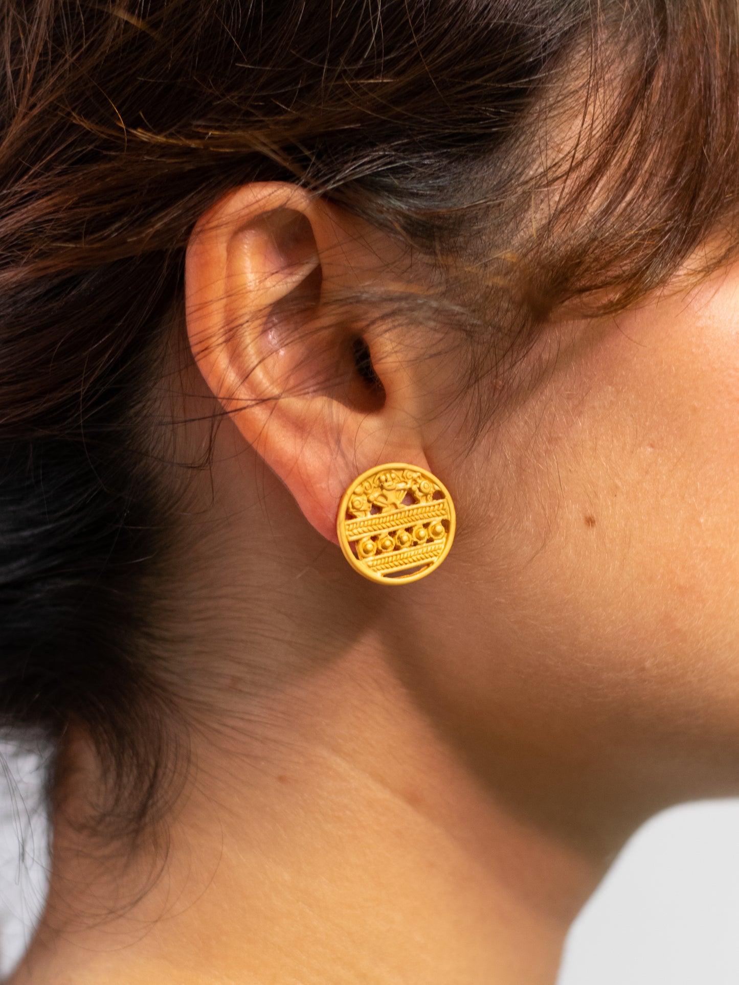 24K Gold Plated Pre-Columbian Muisca Pattern Earrings.