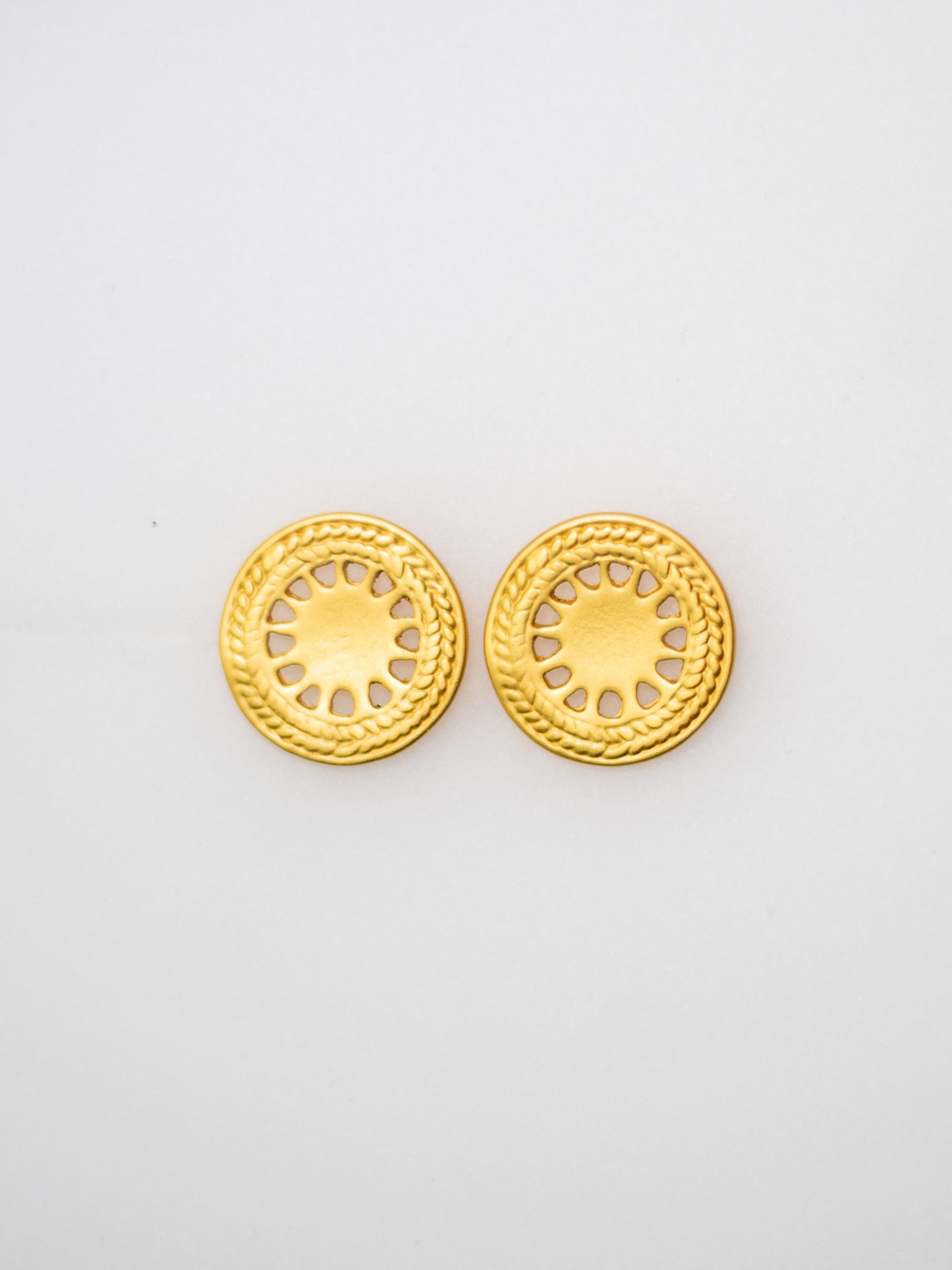 24K Gold Plated Pre-Columbian Muisca Pattern Round Earrings.