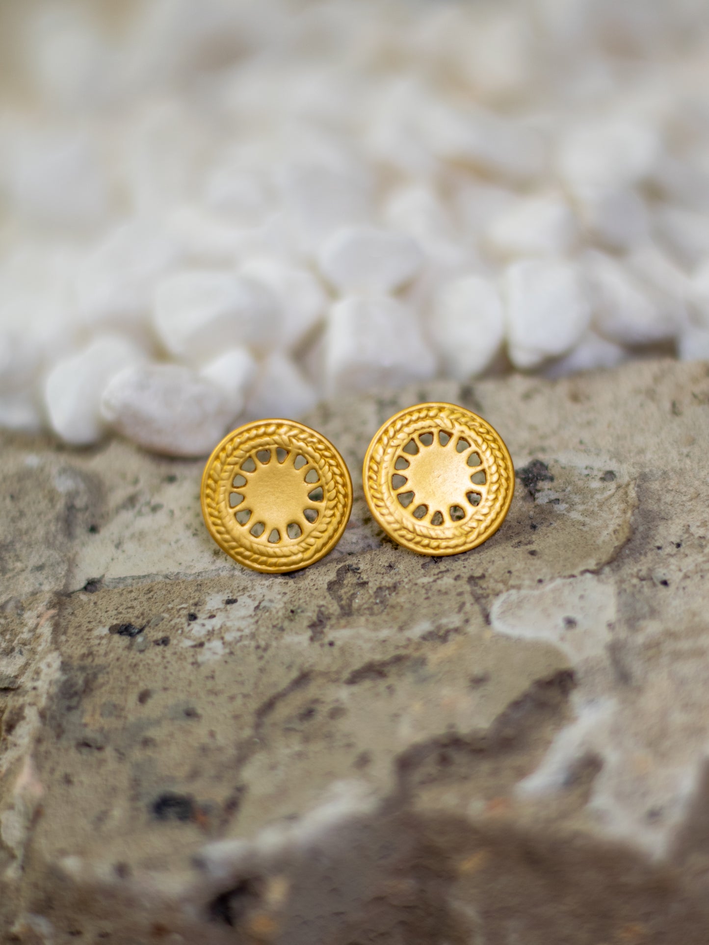 24K Gold Plated Pre-Columbian Muisca Pattern Round Earrings.