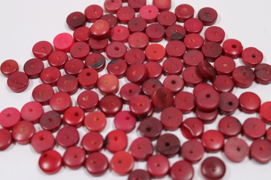 Tagua Nut Beads | 25 mini discs of tagua in mix red tones color. Center drilled. Size: 1 cm. approx. TDSMixcolors04